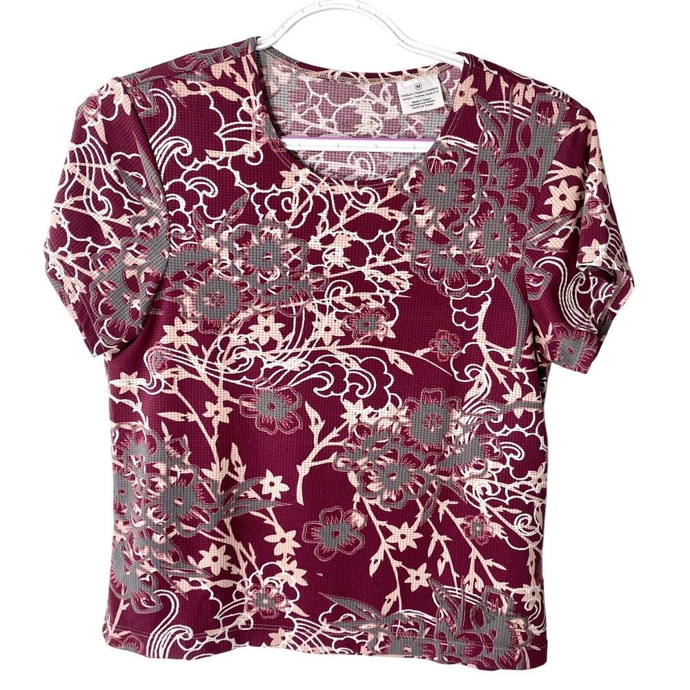 Burgundy Floral short Sleeve Light Breathable Top